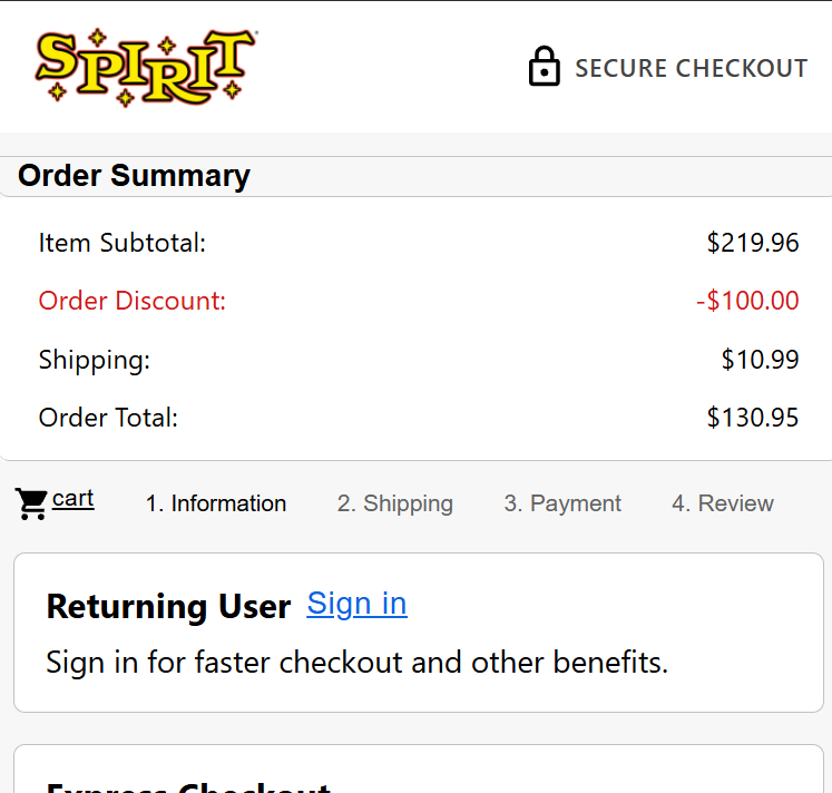 Checkout order summary showing an item subtotal of $219.96, an order discount of -$100.00, shipping of $10.99, and an order total of $130.95.